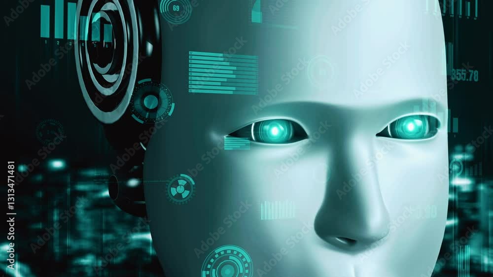 Poster futuristic robot artificial intelligence huminoid ai for industrial factory technology development a