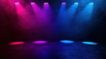 Naklejka premium Colorful spotlight effect on dark backdrop, realistic stage design.