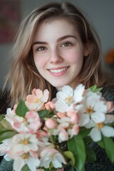 Naklejka premium Woman is holding a bouquet of flowers and smiling