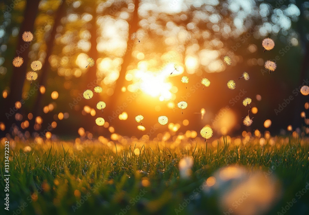Poster gentle sunset glow filtering through trees over a field of dandelions, creating a magical ambiance w
