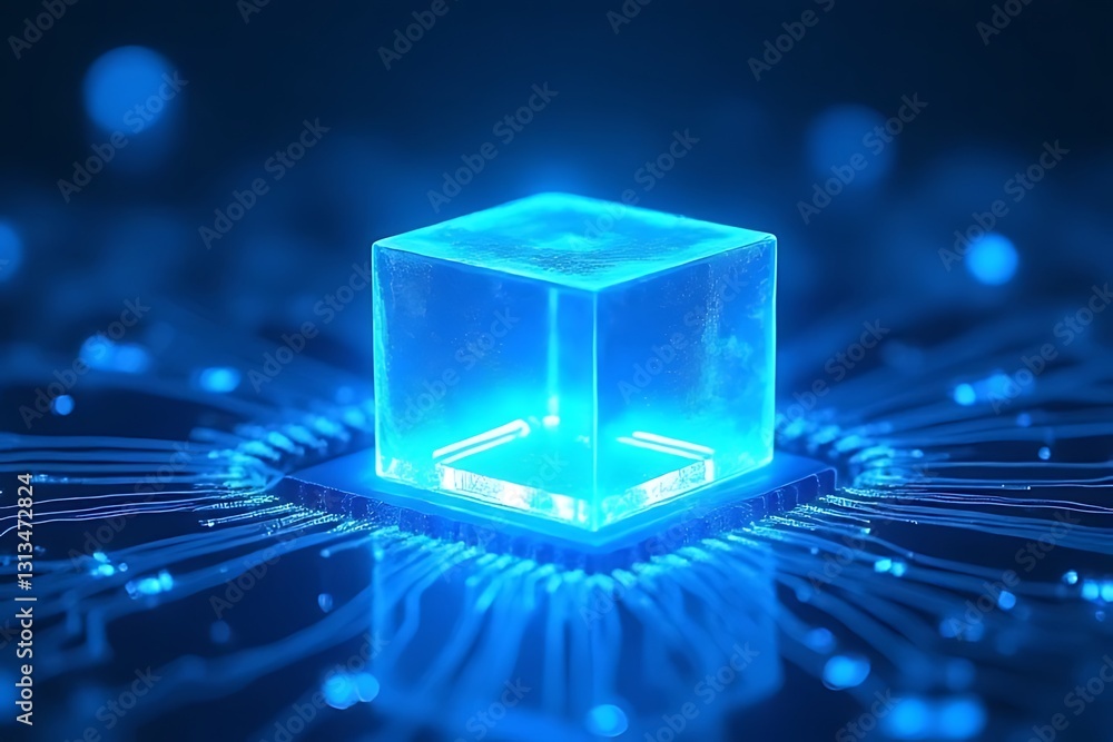 Poster exploring futuristic technology glowing blue cube on circuit board digital art close-up innovation c