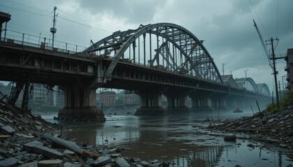 Fototapeta premium Abandoned Industrial Bridge Over Foggy River in Urban Decay