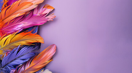 Feathers on a purple background, suitable for design with copy space, ideal for Mardi Gras celebration.