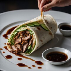 A close-up shot of a Peking duck wrap being prepared, with a thin pancake filled with crispy duck, hoisin sauce, cucumber, and scallions, neatly rolled on a white plate.