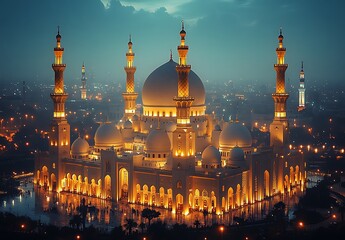 Obraz premium Stunning Night View Illuminated Grand Mosque Architectural Beauty UAE Sky City Dark Dubai White 