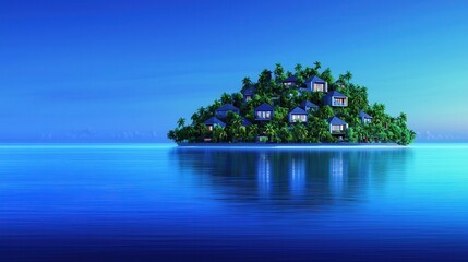 Obraz premium Serene Tropical Island Retreat with Modern Houses and Lush Greenery at Dusk