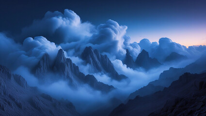 A mysterious mountain range with clouds forming into faces – Generative AI
