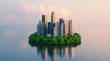 Fototapeta premium Lush Green Island with Modern Skyscrapers Reflecting in Calm Waters at Sunrise
