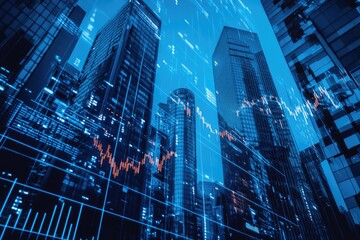 Night city skyscrapers overlaid with financial data