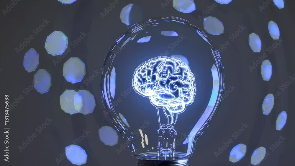 Poster a creative video concept showing a glowing brain inside a light bulb, symbolizing ideas. shot from a