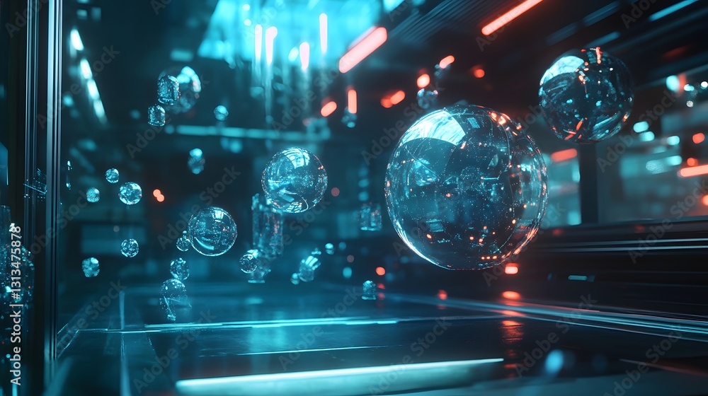 Poster futuristic floating orbs and architectural lighting in a sci fi setting