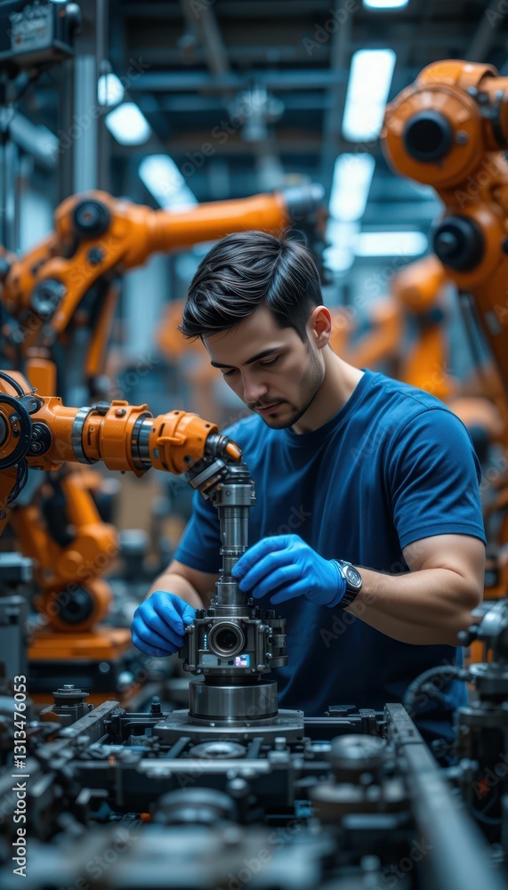 Poster skilled worker operating advanced machinery in modern factory setting