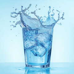 Fresh water splash in glass, showcasing crystal clear liquid and dynamic movement. vibrant blue background enhances refreshing feel of image