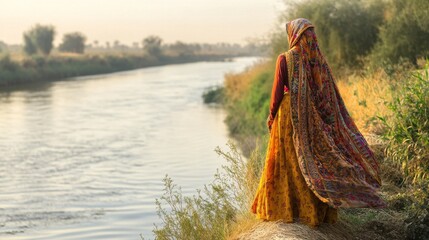 Naklejka premium Woman in Colorful Dress Stands by River at Sunrise in Nature