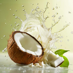 Fresh coconut splashing with water, showcasing its creamy interior and vibrant green leaves. image captures essence of tropical freshness and natural beauty
