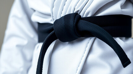 close-up of a jiu-jitsu black belt tied around a white gi – Generative AI