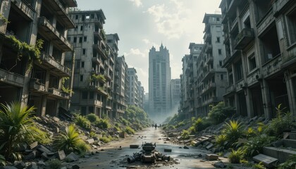 Obraz premium Abandoned Urban Landscape with Overgrown Vegetation and Ruined Buildings