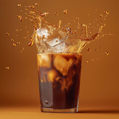 Refreshing iced coffee splash with ice cubes against warm background, capturing dynamic movement and vibrant droplets. Perfect for beverage lovers and summer vibes