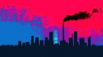 Fototapeta premium Abstract City Skyline with Colorful Background and Smoke from Industrial Chimney