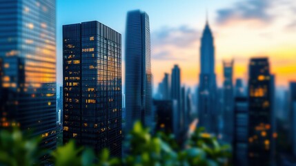 Obraz premium Urban skyline with blurred buildings during sunset in a vibrant city atmosphere