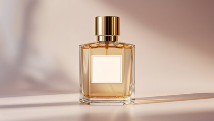 Perfume bottle with golden liquid on beige background