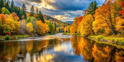 Naklejka premium Serene landscape with golden hues and vibrant foliage on the banks of a serene Ausable River in autumn, surrounded by lush greenery and towering trees , serenity, nature