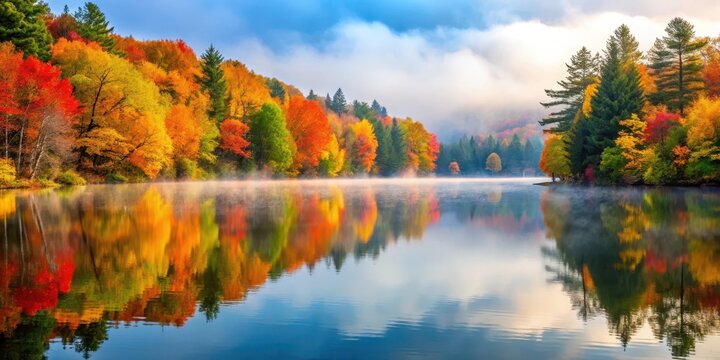 Serene lake surrounded by tall trees with vibrant autumn foliage colors, misty fog rolling in, fall colors, nature