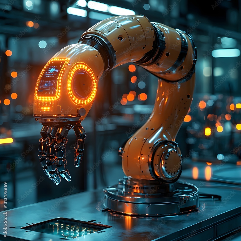 Aufkleber futuristic robotic arm manipulated via holographic controls in sleek lab environment