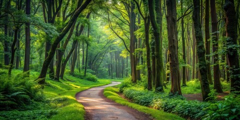 Obraz premium Winding forest path leads through dense foliage , trees, outdoor