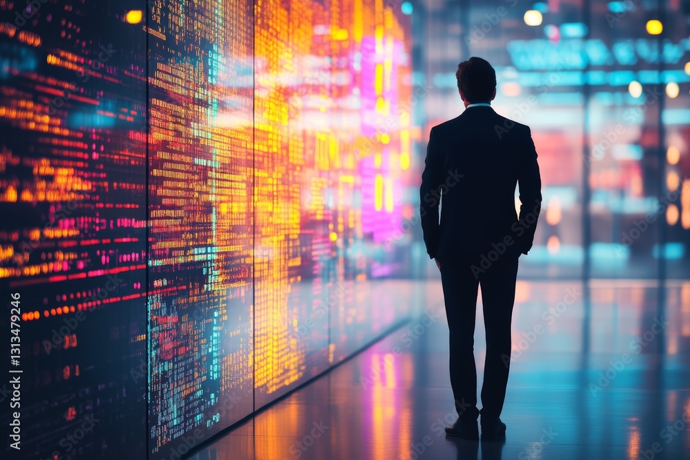 Poster exploring the future: businessman in front of digital wall of data and technology