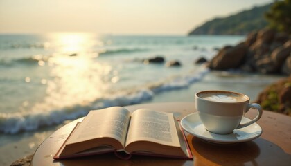 Beach Reading with Cappuccino Sunlit Tranquility