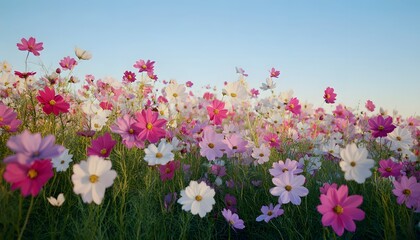 Fototapeta premium A field of pink white and purple cosmos flowers