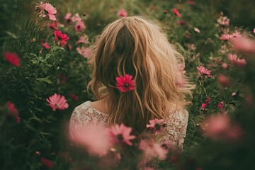 Naklejka premium A woman with long blonde hair is standing in a field of pink flowers