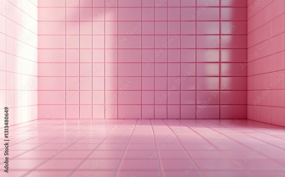 Poster elegant pink tiled room with soft lighting, creating a serene and modern atmosphere for various inte
