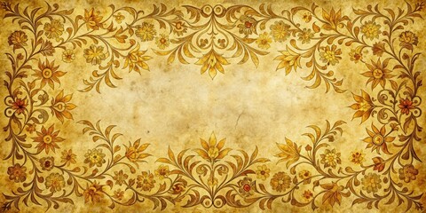 Ornate medieval border with gold leaf and floral patterns adorns a vintage antique paper background , antique, gold,  antique, gold