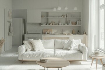 Light-filled, modern apartment living area with minimalist kitchen design