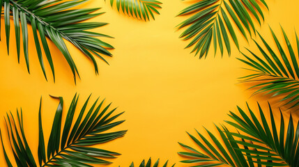 Obraz premium Flat-lay of green palm branches over a yellow background, top view, with copy space. Wide composition suitable for summer vacation, travel, or fashion concepts.