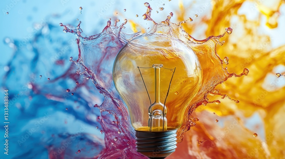 Poster dynamic water splashing around a light bulb studio photography colorful background close-up creativi