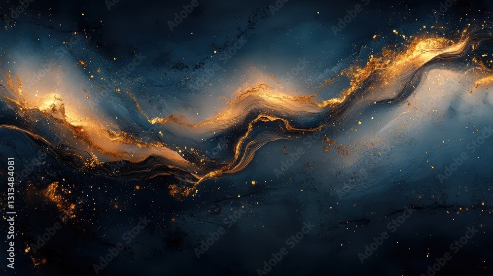 Poster dynamic golden waves of energy abstract art digital background dark environment horizontal view mode