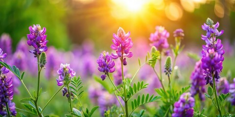Naklejka premium Vibrant purple flowers of Mongolian milkvetch bloom amidst lush green foliage in a sunny meadow, purple blooms, natural landscape