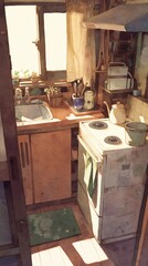 ナチュラルで温かみのあるキッチン｜青いキャビネットと緑の植物