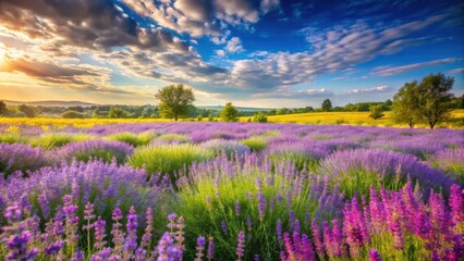 Fototapeta premium Panoramic view of a lush field with beautiful lavender flowers in bloom, surrounded by vibrant wildflowers and tall grasses, lavender field, flower field