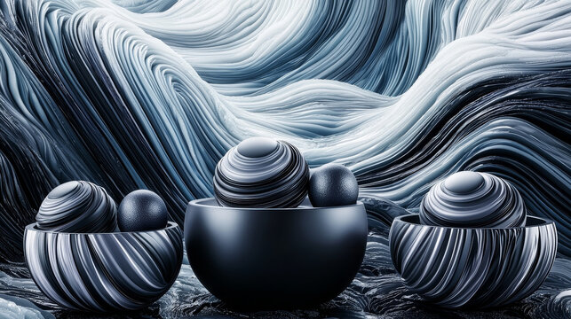 Abstract spheres in bowls, swirling monochrome background