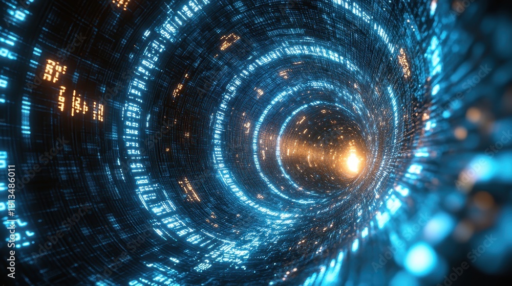 Aufkleber exploring digital universes in a futuristic tunnel virtual space 3d animation sci-fi concept