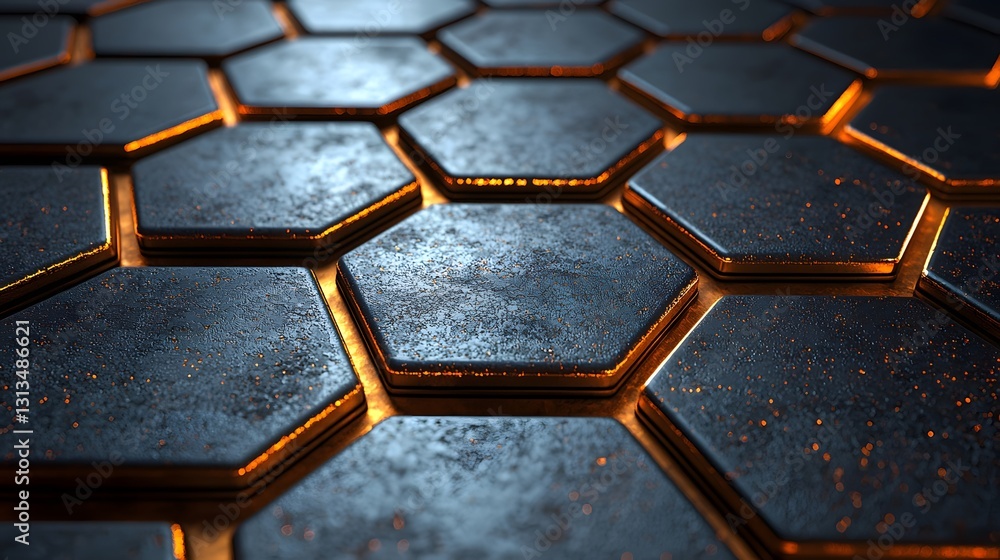 Poster metallic hexagonal tiles with orange glowing edges creating a pattern