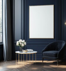 Dark Blue Room with Empty Frame and Chair