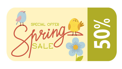 Spring sale. Modern minimalist floral design with cute green shape birds for percentage discount. Vector illustration.