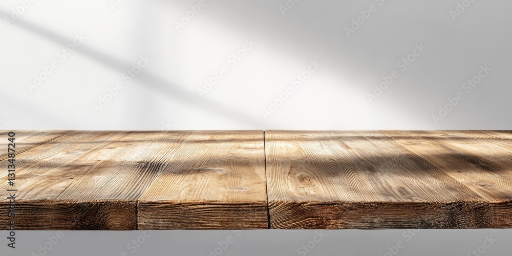 Poster empty rustic wooden table with natural texture and soft shadows, ideal for displaying products and c