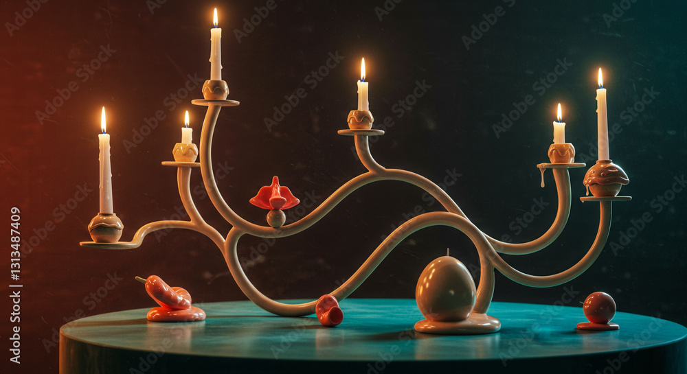 Poster a table with a candle holder with five candles and a few other objects. the candles are lit and the 
