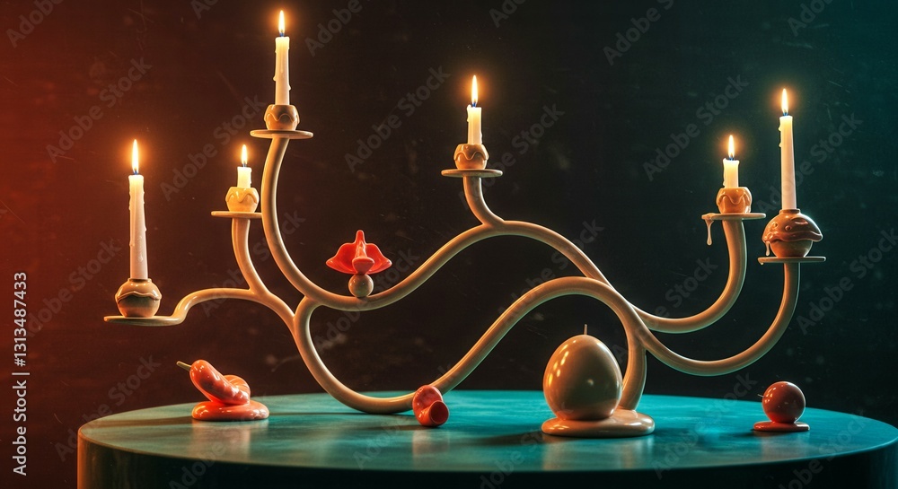 Poster a table with a candle holder with five candles and a few other objects. the candles are lit and the 